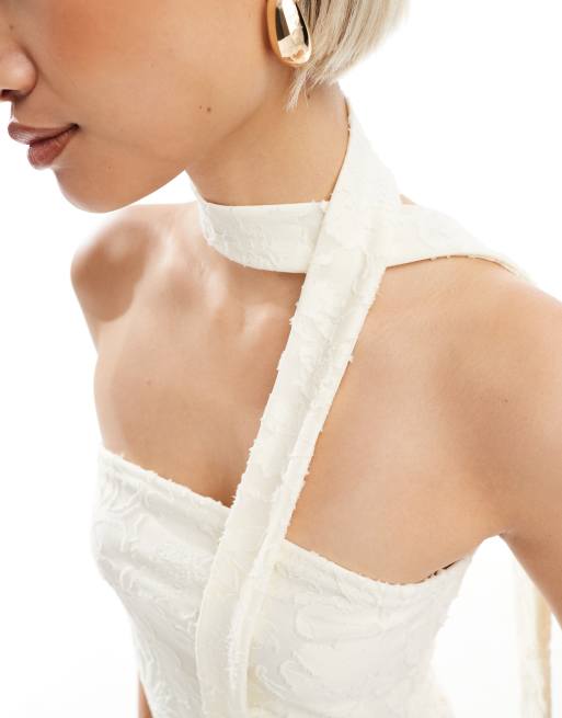 Miss Selfridge burnout textured bandeau scarf top in cream, 3 of 4