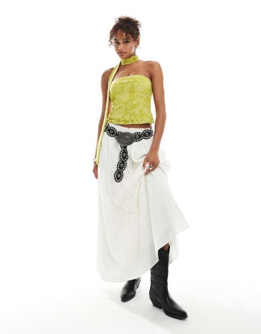 Miss Selfridge burnout textured bandeau scarf top in olive, 2 of 4