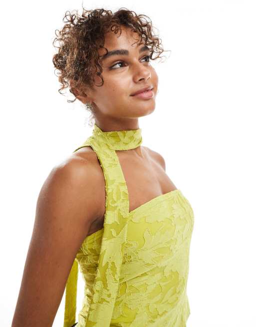 Miss Selfridge burnout textured bandeau scarf top in olive, 3 of 4