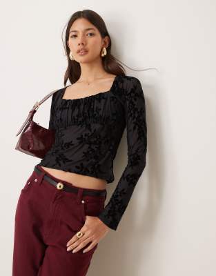 Miss Selfridge burnt out velvet square neck top-Black