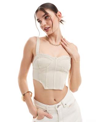 Miss Selfridge - Bustier im Korsettstil aus Denim in Steinbeige-Weiß