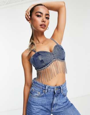 Miss Selfridge - Bustier in dunkelblauer Waschung mit Strassfransen