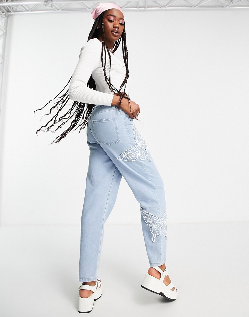 Miss Selfridge butterfly embroidered mom jeans bleach wash-Blue