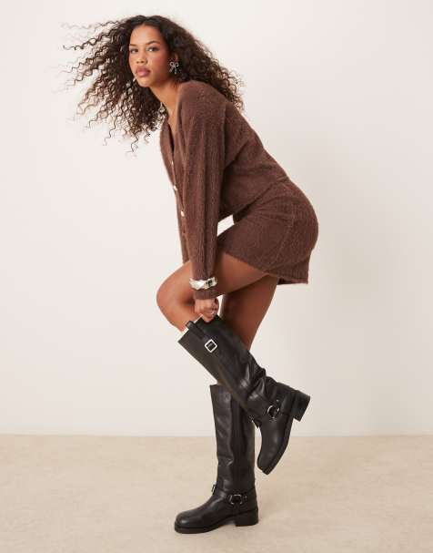 Miss Selfridge button detail brushed knit mini skirt in chocolate - part of a set - view 1
