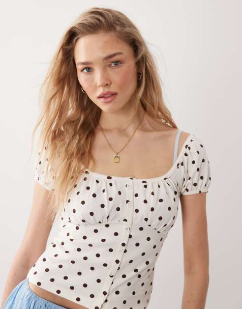 Miss Selfridge button detail milkmaid top in polka dot - view 1