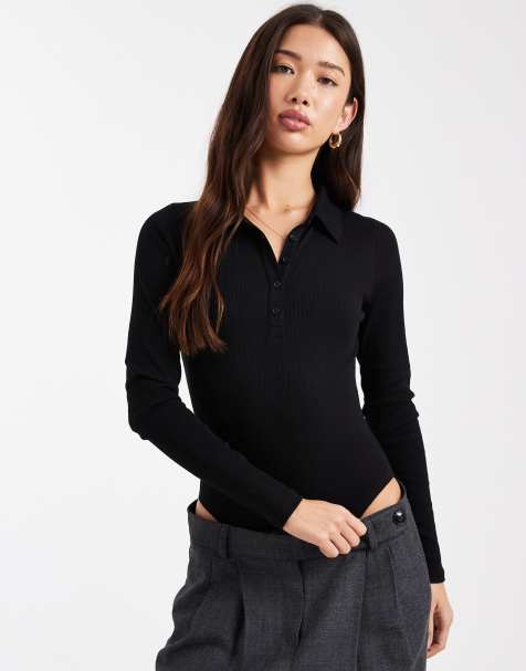 Miss Selfridge button detail polo bodysuit in black - view 1