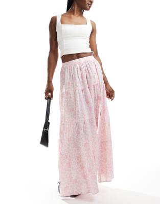 button detail tiered maxi skirt in pink floral-Multi