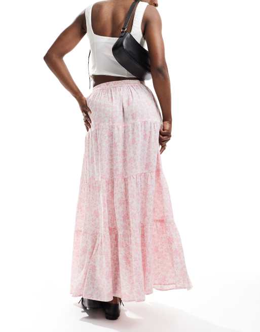 Miss Selfridge button detail tiered maxi skirt in pink floral, 2 of 5