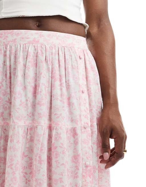 Miss Selfridge button detail tiered maxi skirt in pink floral, 4 of 5
