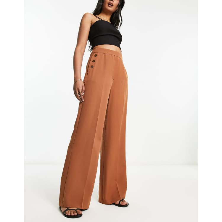 Pull&Bear high rise tailored straight leg pants with front seam in  chocolate brown