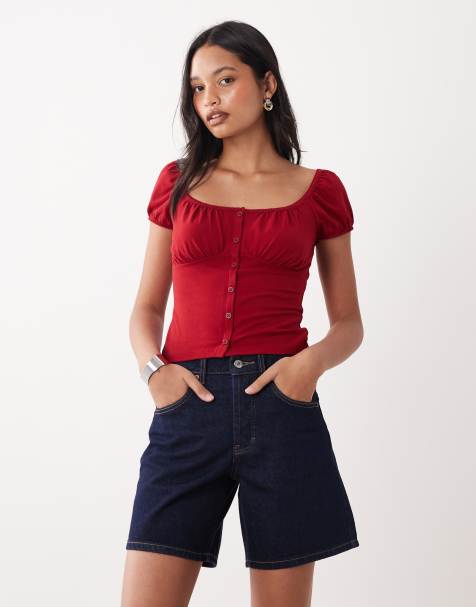 Miss Selfridge button detailing milkmaid top in red - view 1