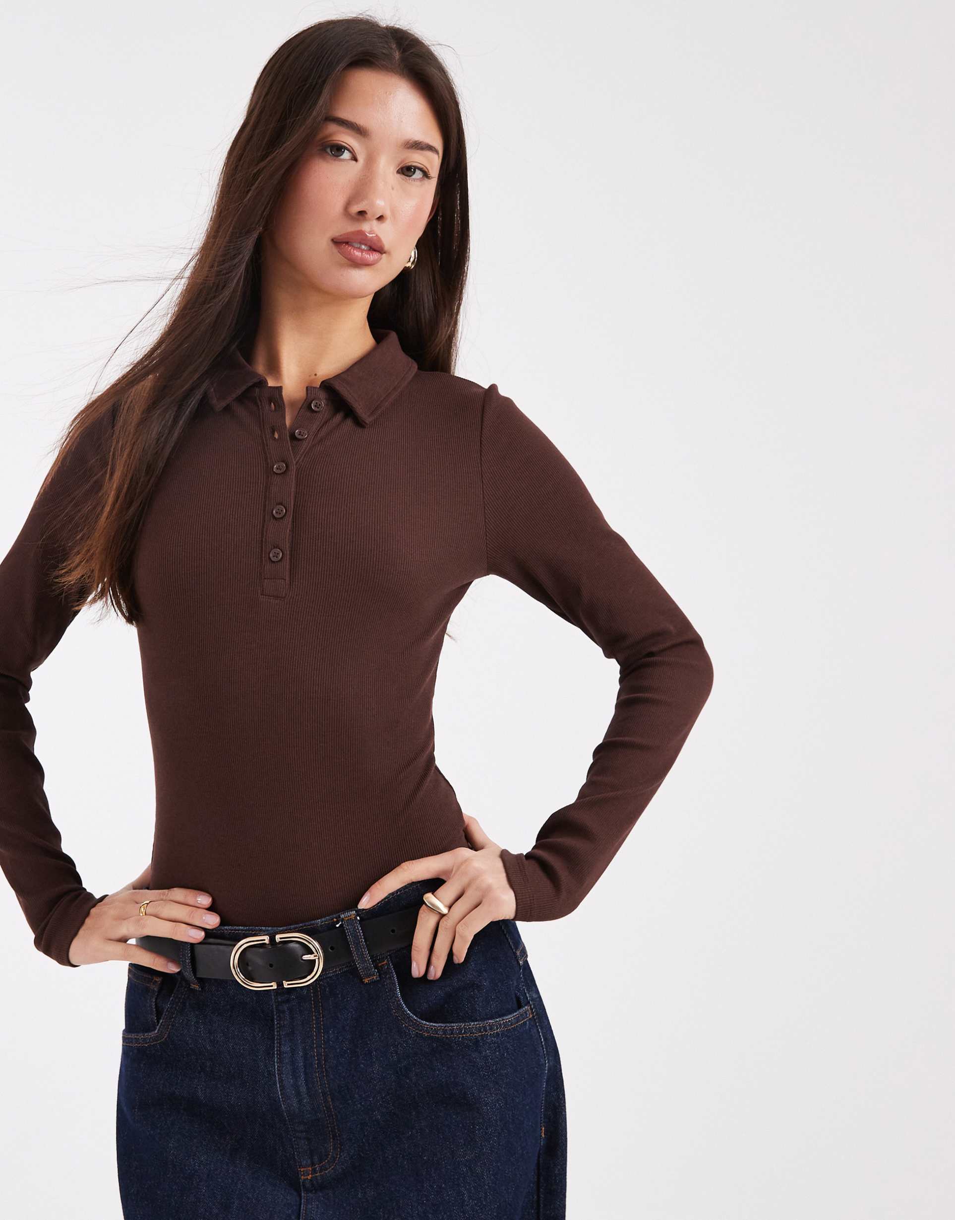 miss selfridge button detailing polo bodysuit in chocolate