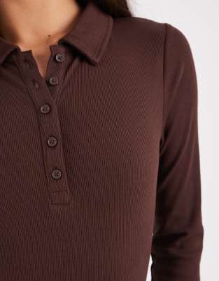 Miss Selfridge Button Detailing Polo Bodysuit In Brown