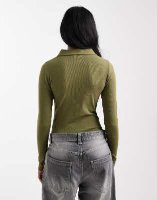 Miss Selfridge Button Detailing Polo Bodysuit In Green