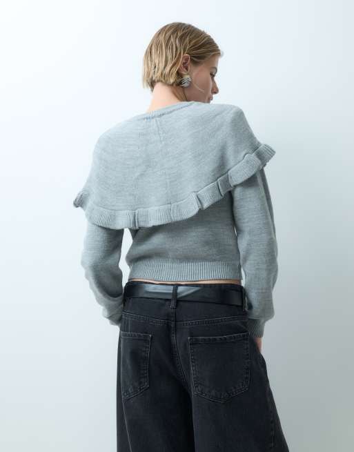 Miss Selfridge button front frill cardigan in gray, 5 of 5