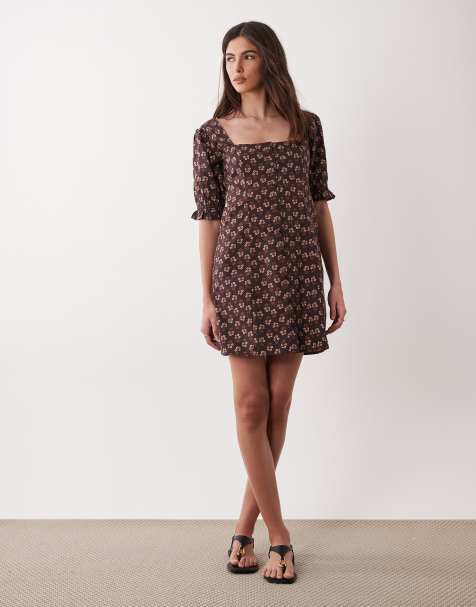 Miss Selfridge button front mini dress in brown floral print - view 1