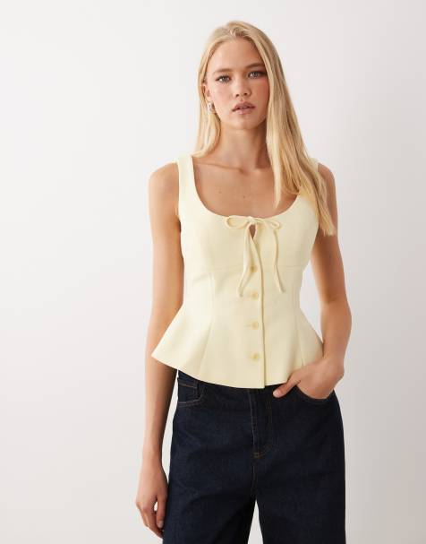 Miss Selfridge button front peplum top in butter yellow - view 1