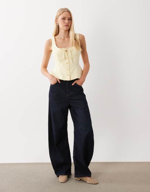 Miss Selfridge button front peplum top in butter yellow, 2 of 4