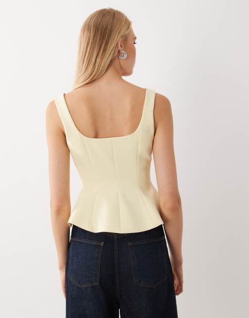 Miss Selfridge button front peplum top in butter yellow, 3 of 4