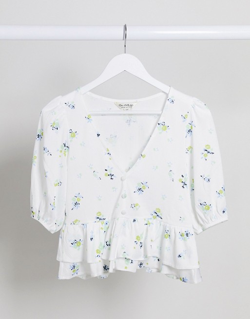 Miss Selfridge button front tea blouse in white and blue floral