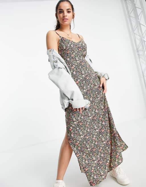 Miss Selfridge button maxi slip in black floral
