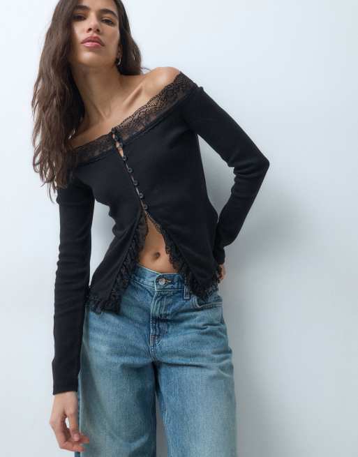 Miss Selfridge button through bardot top with lace trim in black, 3 of 5