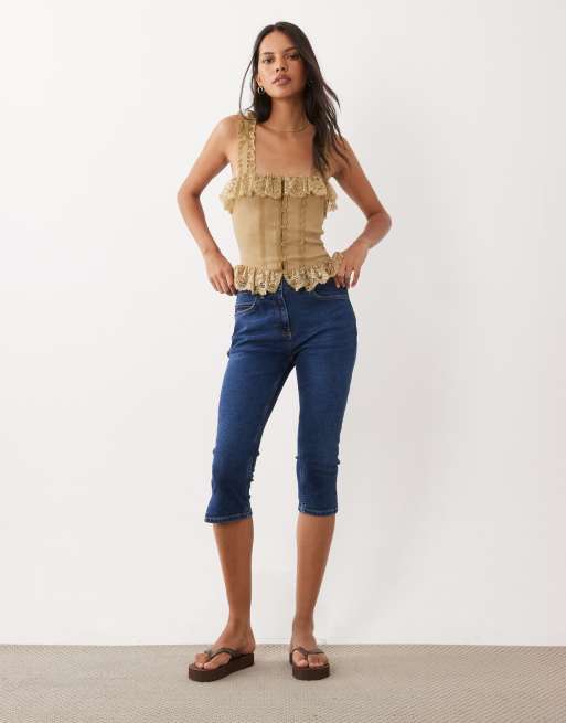 Miss Selfridge button through cami corset top with lace in khaki, 3 of 4
