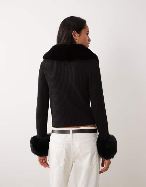 Miss Selfridge button through cardigan with fur collar and cuff in black, 4 of 4