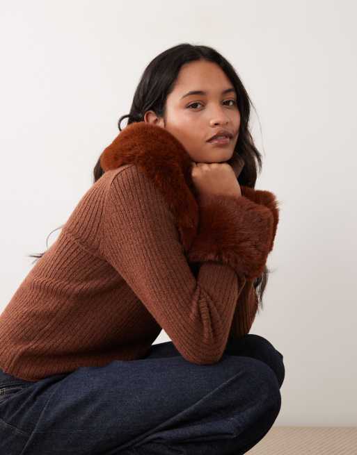 Miss Selfridge button through cardigan with fur collar and cuff in chocolate , 2 of 4