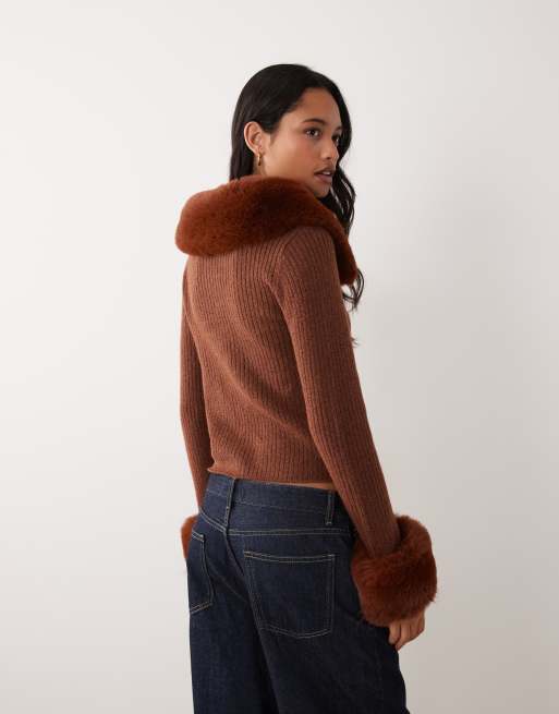 Miss Selfridge button through cardigan with fur collar and cuff in chocolate , 3 of 4
