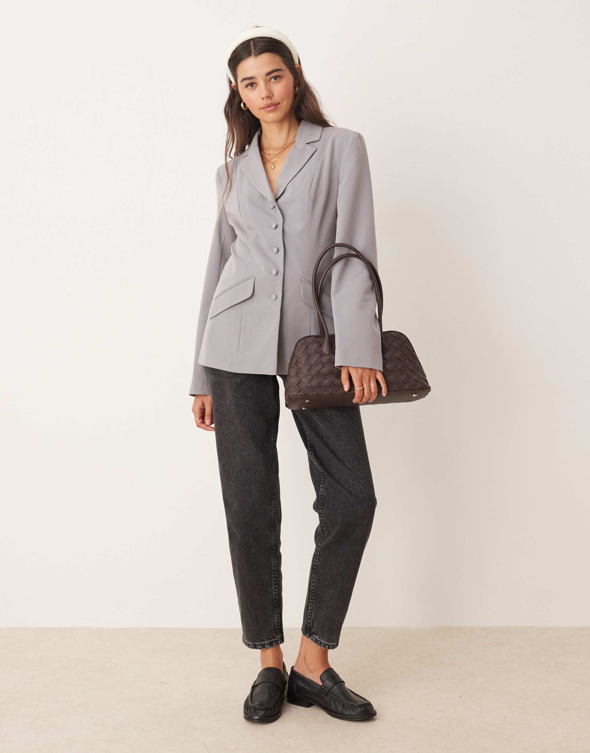 miss selfridge button through cinch blazer in gray
