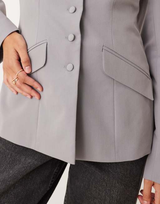 Miss Selfridge button through cinch blazer in grey, 2 of 4