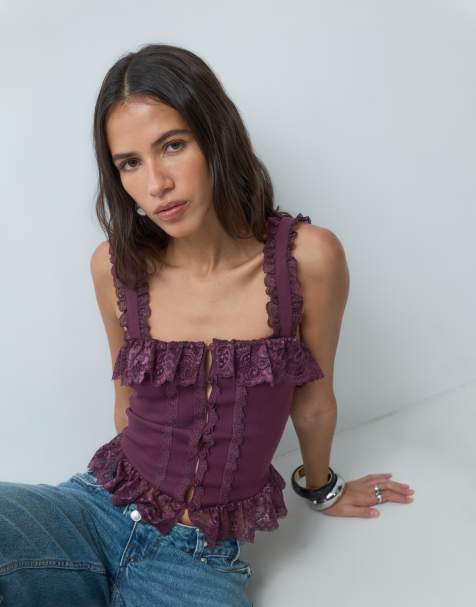 Miss Selfridge button through cinched corset top with lace in fig