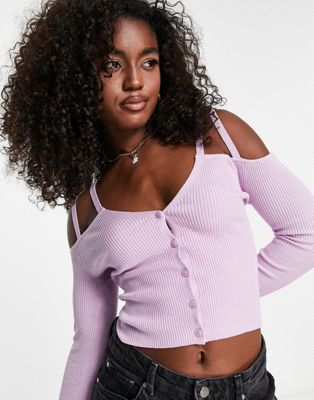 Miss Selfridge button through cold shoulder rib top in lilac