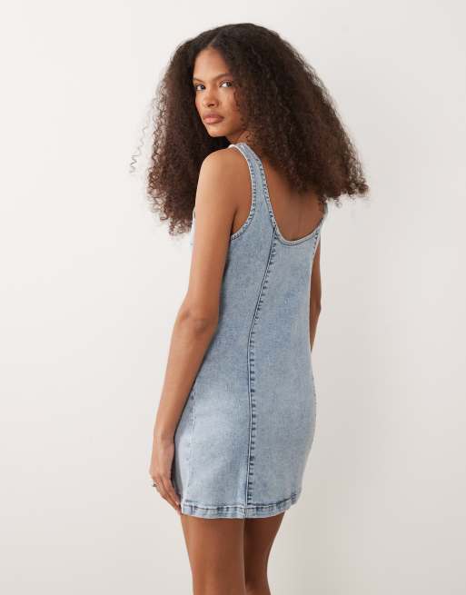 Miss Selfridge button through denim mini dress in mid blue wash, 4 of 4