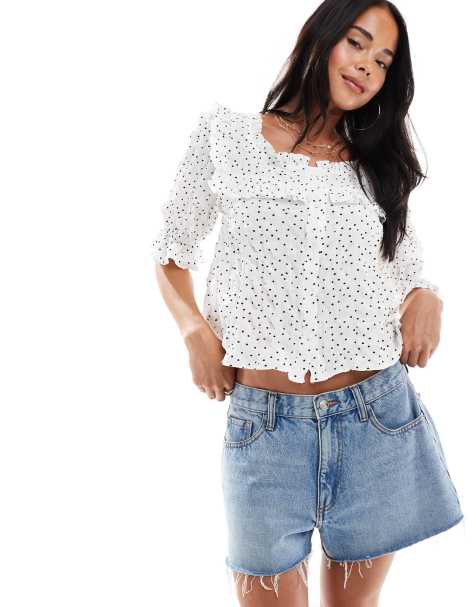 Miss Selfridge button through frill detail blouse in polka dot - view 1