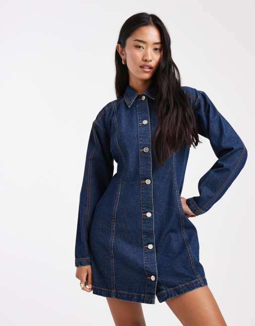 Miss Selfridge button through long sleeve mini dress in indigo wash