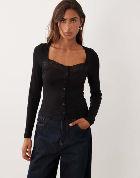 Miss Selfridge button through long sleeve top in black - view 1