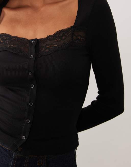 Miss Selfridge button through long sleeve top in black, 4 of 4