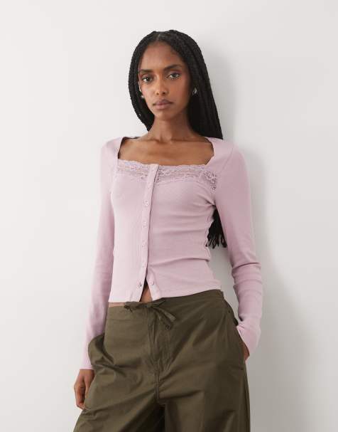 Miss Selfridge button through long sleeve top in pink - view 1