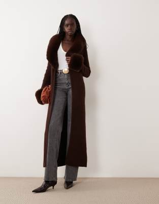 Miss Selfridge Button Through Longline Cardigan With Fur Collar And Cuff In Burgundy