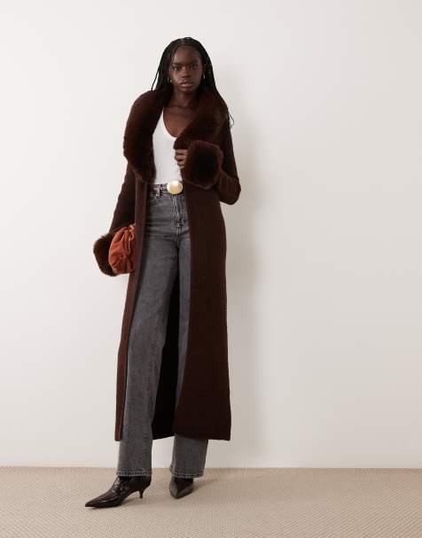 Miss Selfridge button through longline cardigan with fur collar and cuff in chocolate - view 1