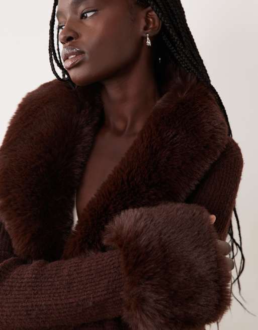 Miss Selfridge button through longline cardigan with fur collar and cuff in chocolate, 2 of 4