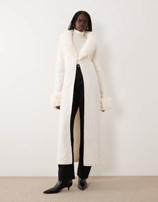 Miss Selfridge Button Through Longline Cardigan With Fur Collar And Cuff In Gray
