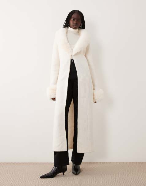 Miss Selfridge button through longline cardigan with fur collar and cuff in cream - view 1