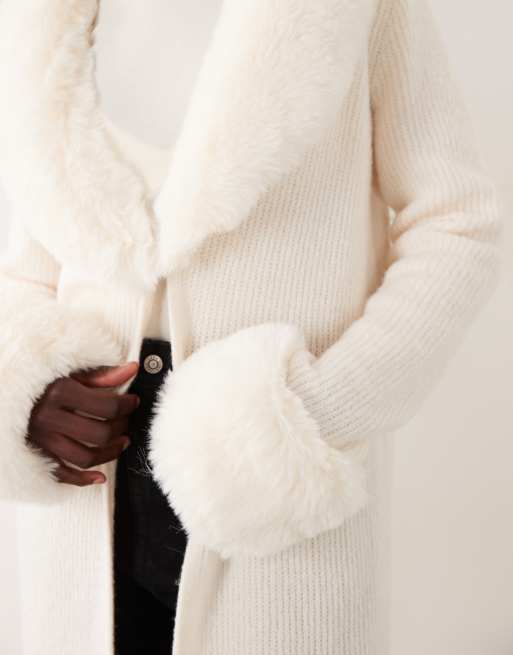 Miss Selfridge button through longline cardigan with fur collar and cuff in cream, 4 of 4