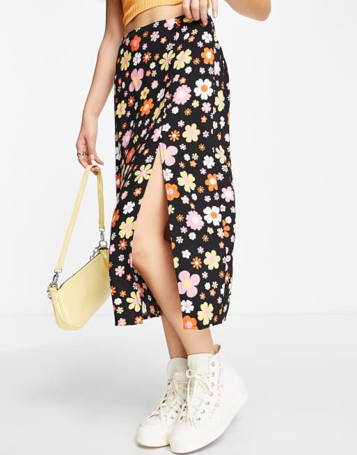 Miss Selfridge button through midi skirt in black retro floral 