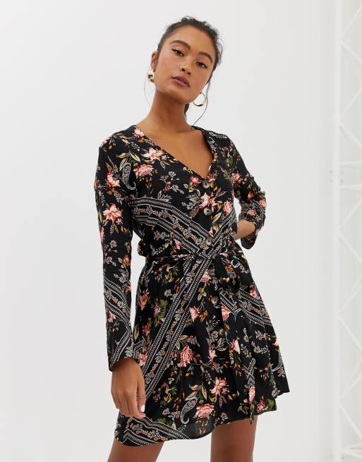 Miss Selfridge button through mini dress in scarf print | ASOS