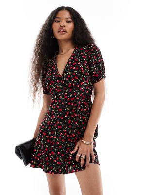 Miss Selfridge Miss Selfridge button through mini tea dress in cherry print-Multi