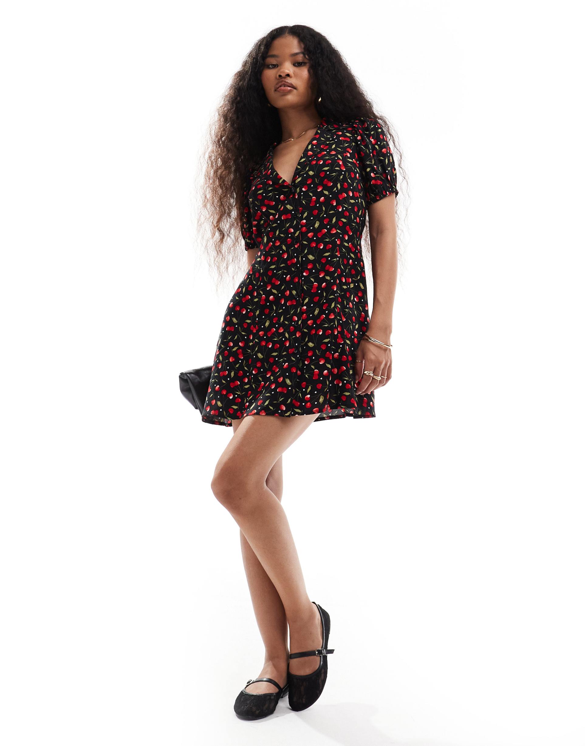 miss selfridge button through mini tea dress in cherry print